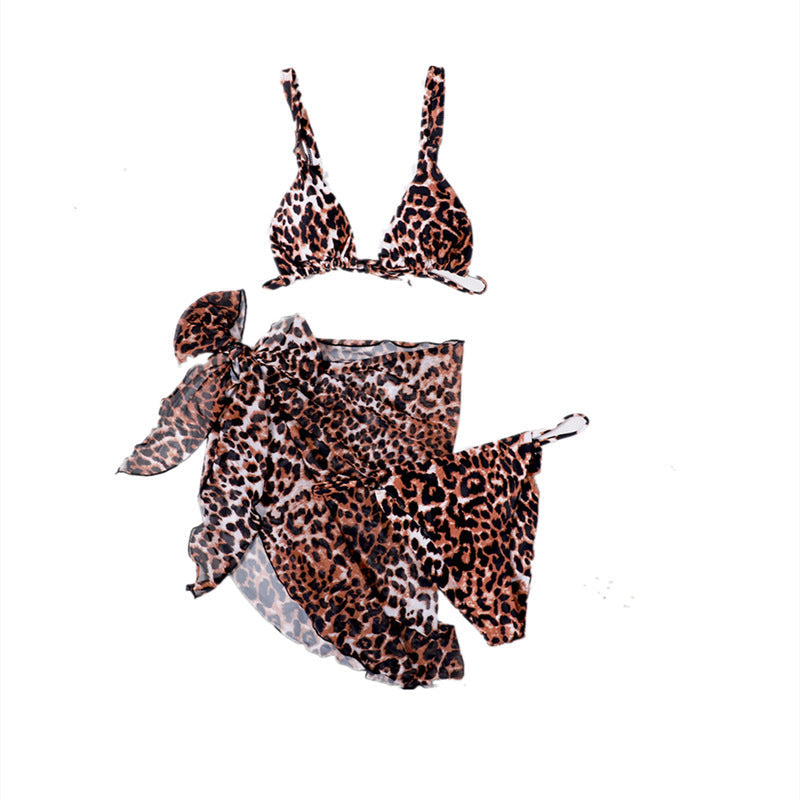 Sexy Women Triangle Split Bikini Mesh Three Piece Suit Crisp Linen Printed Women Swimsuit