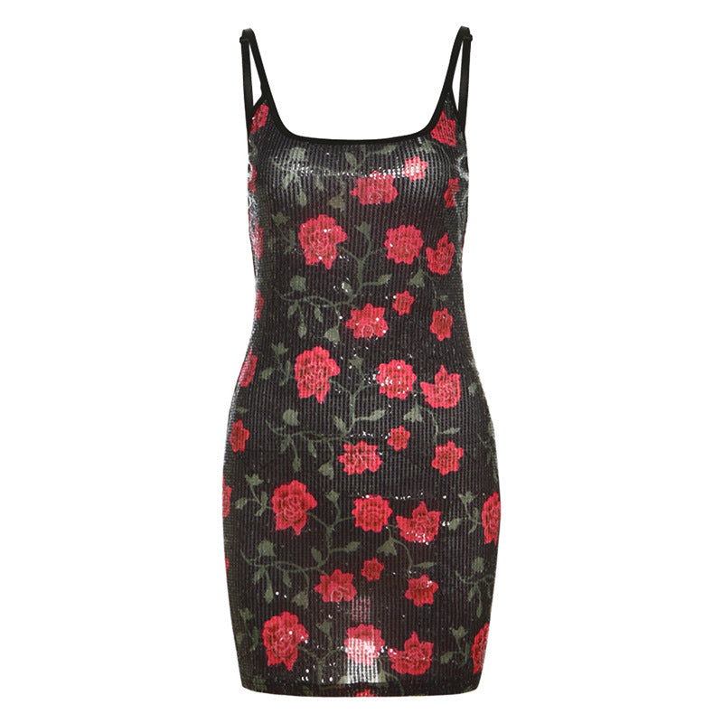Autumn Winter Sexy Backless Slim Fit Printed Sequin Slip Dress Sexy Hip