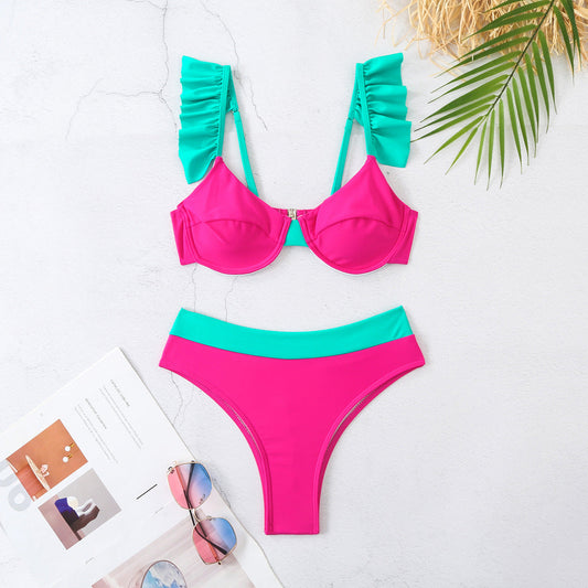 Solid Color Color Matching Split Swimsuit Women Bikini Low Waist Bikini