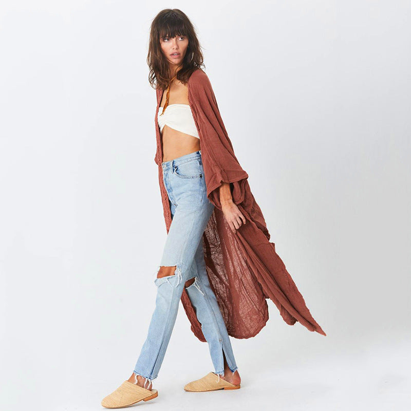 Rust Red Lace Cardigan Loose Beach Sun Protection Coat Beach Cover Up Swimsuit Outwear Women