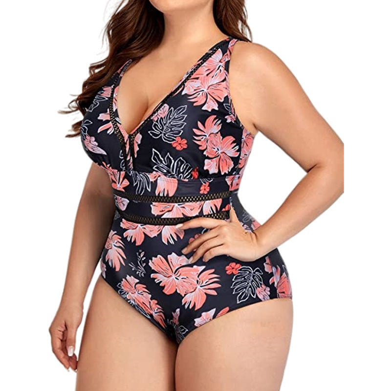Ladies One Piece Swimsuit Mesh Fabric Stitching Printing Swimsuit Bikini