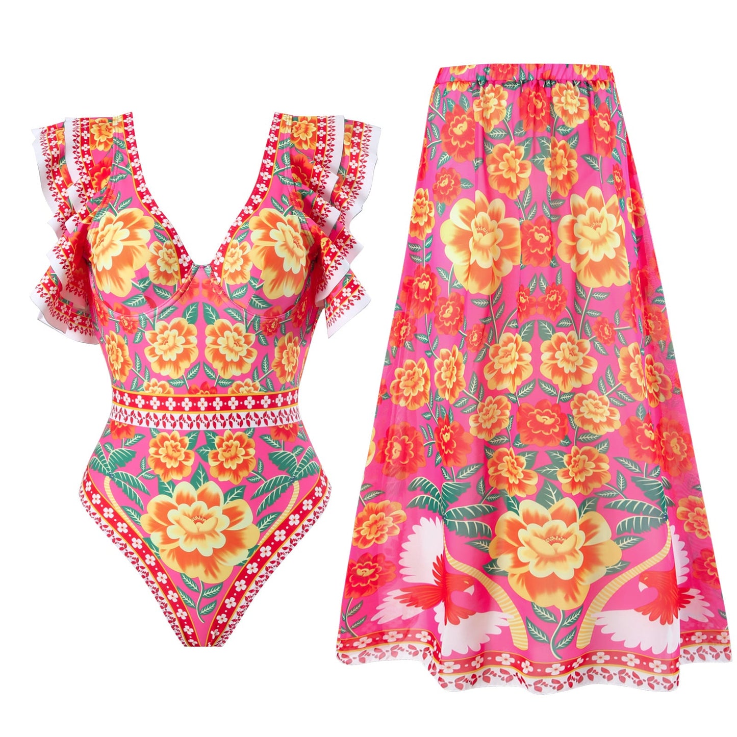 Spring Sexy Swimsuit Women Conservative Warm Printed Swimsuit Wrap Skirt Set