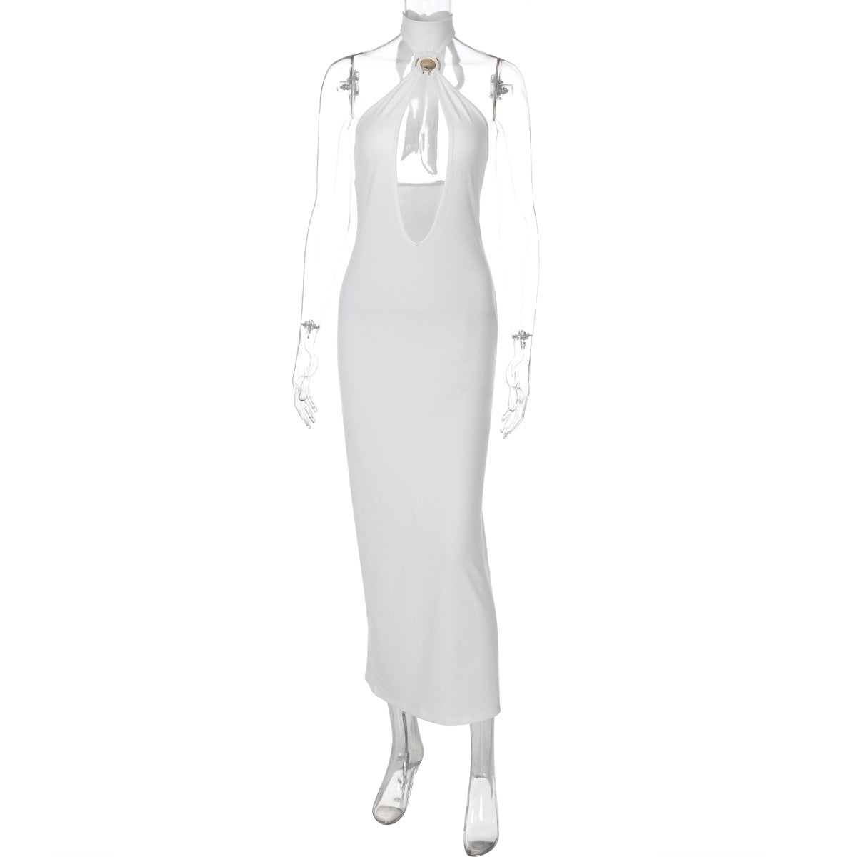 Women Clothing Winter Solid Color Tied Halter Sexy Cutout Slim Fit Dress