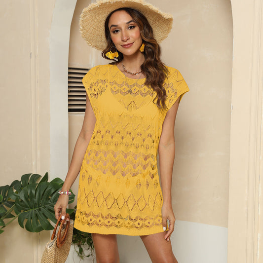 Beach Cover Up Seaside Vacation Women Clothing Irregular Asymmetric Lace Shirt Sexy See through Dress