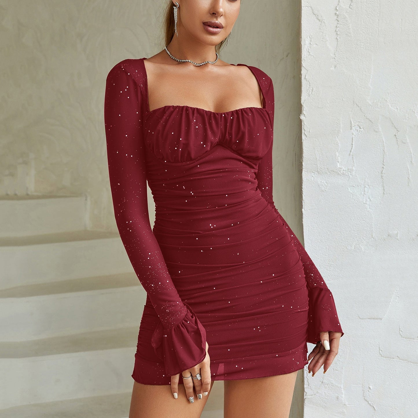 Mesh Long Sleeve Dress Sexy See through Steel Ring Sequined Square Collar Backless Dress