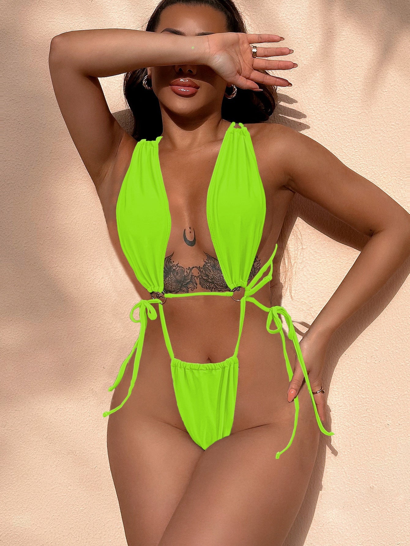 Bikini Double One Piece Swimsuit Solid Color Bikini Swimwear Women Cross Swimsuit Sexy