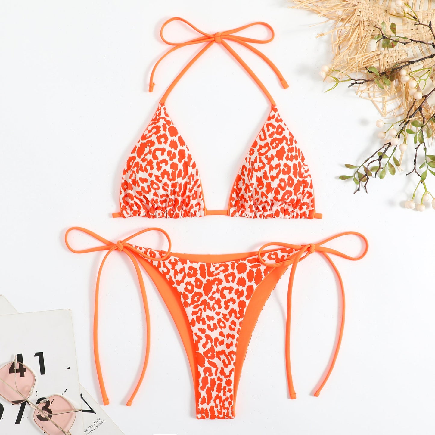 Printing Lady Sexy Lace Up Triangle Split Bikini Swimsuit