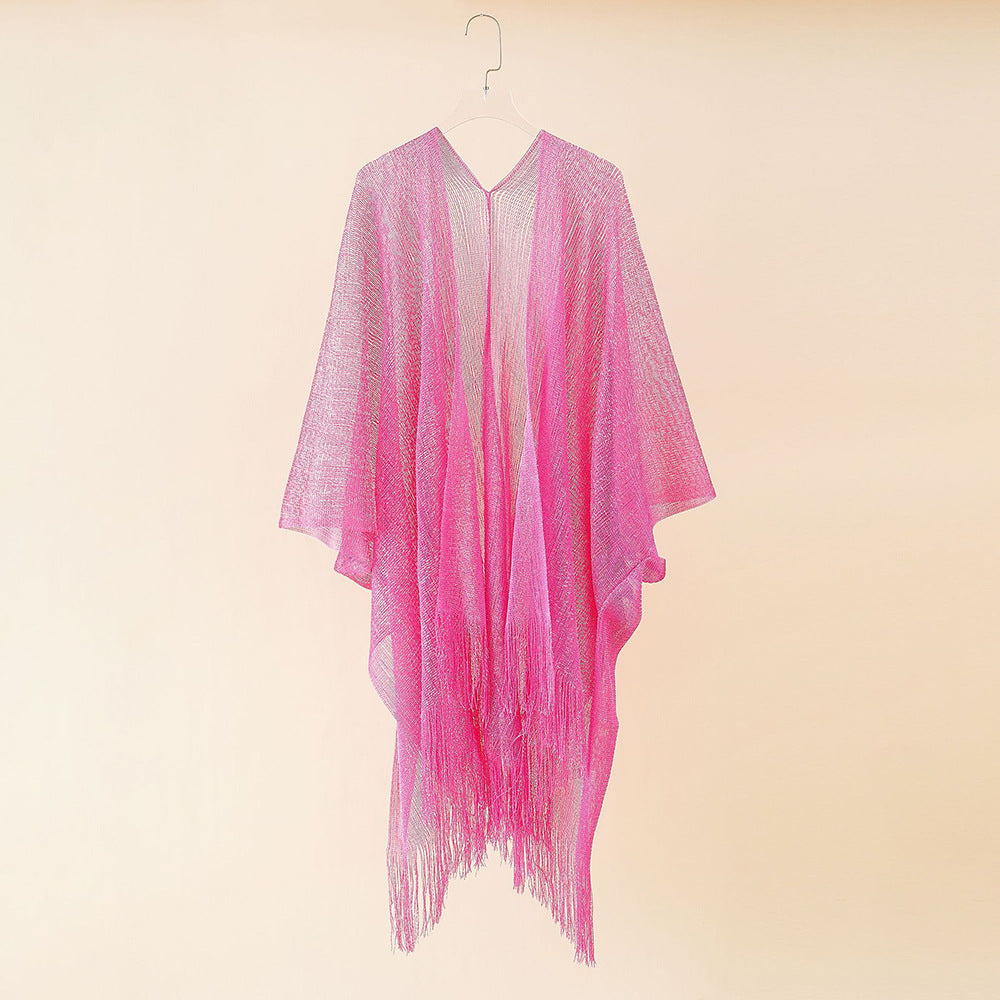 Beach Solid Color Sun Proof Tassel Knitting Beach Cover Up Sweater Shawl Cardigan