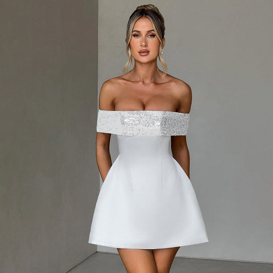 Women Clothing Winter Fashionable Elegant Sexy Slim Fitting Patchwork off the Shoulder Gown Dress