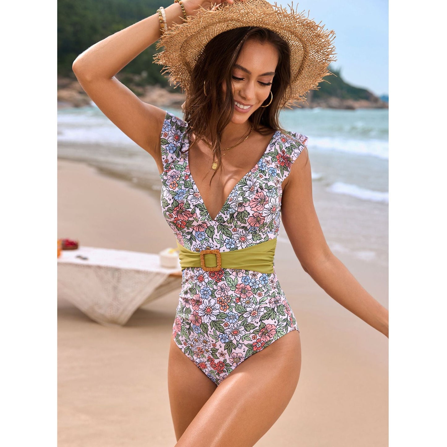 Swimsuit Back Lace Swimsuit Flounced Belt One Piece Swimsuit