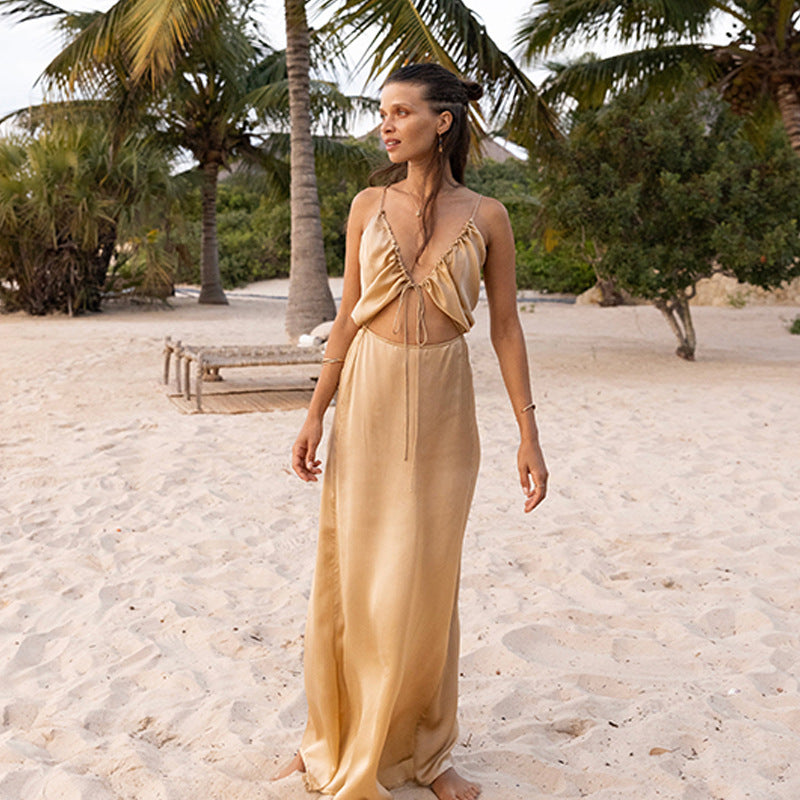 Beach Dress Women Casual Vacation Solid Color Pullover Bikini Swimsuit Blouse Sun Protection