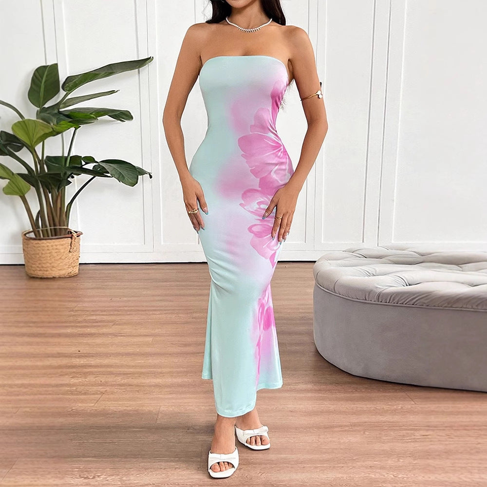 Women Clothing Summer Sexy Bandeau Slim Fit Printing Color Contrast Backless Sheath Dress