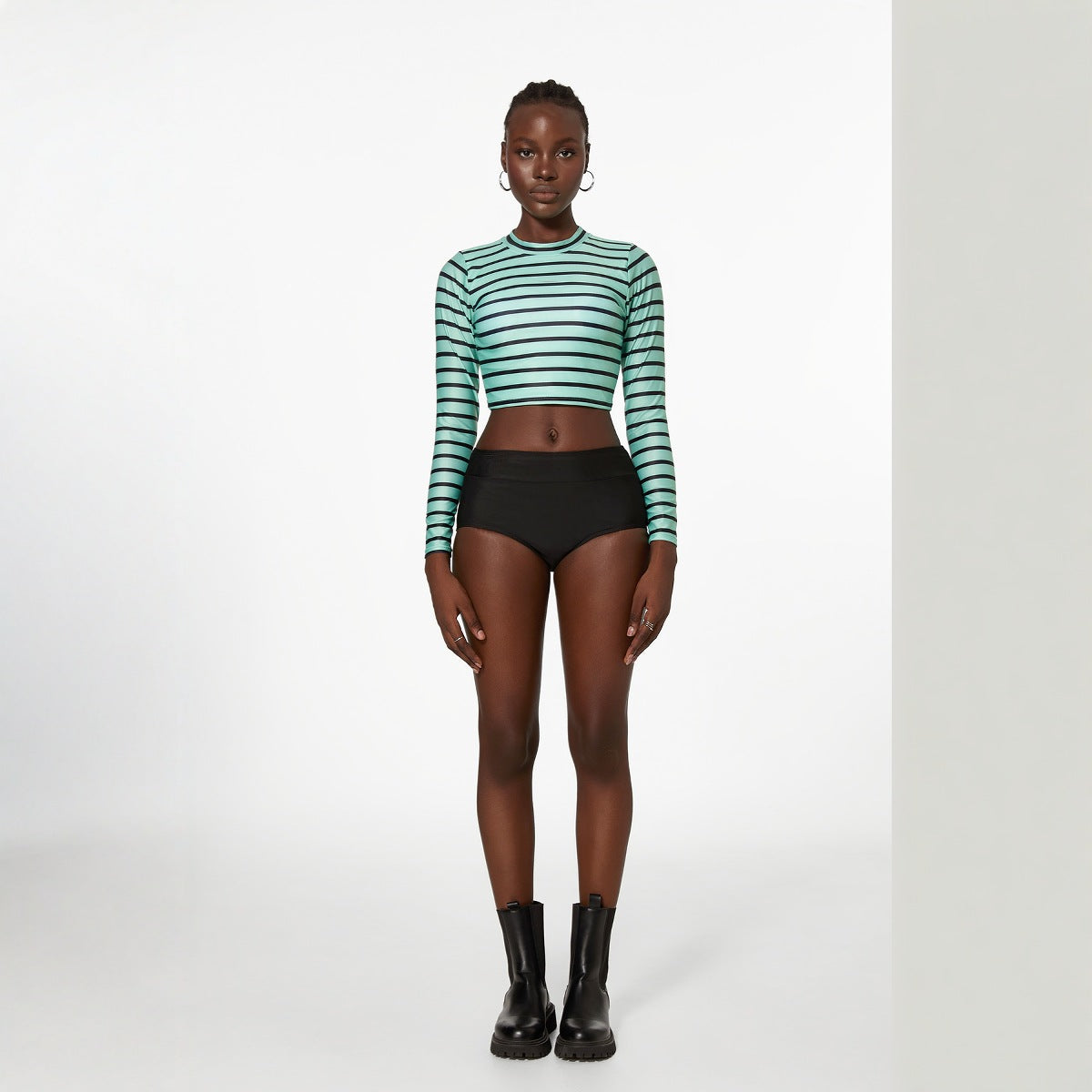 Striped Split Long Sleeve Spring High Waist High Waist Swimwear Women Swimsuit