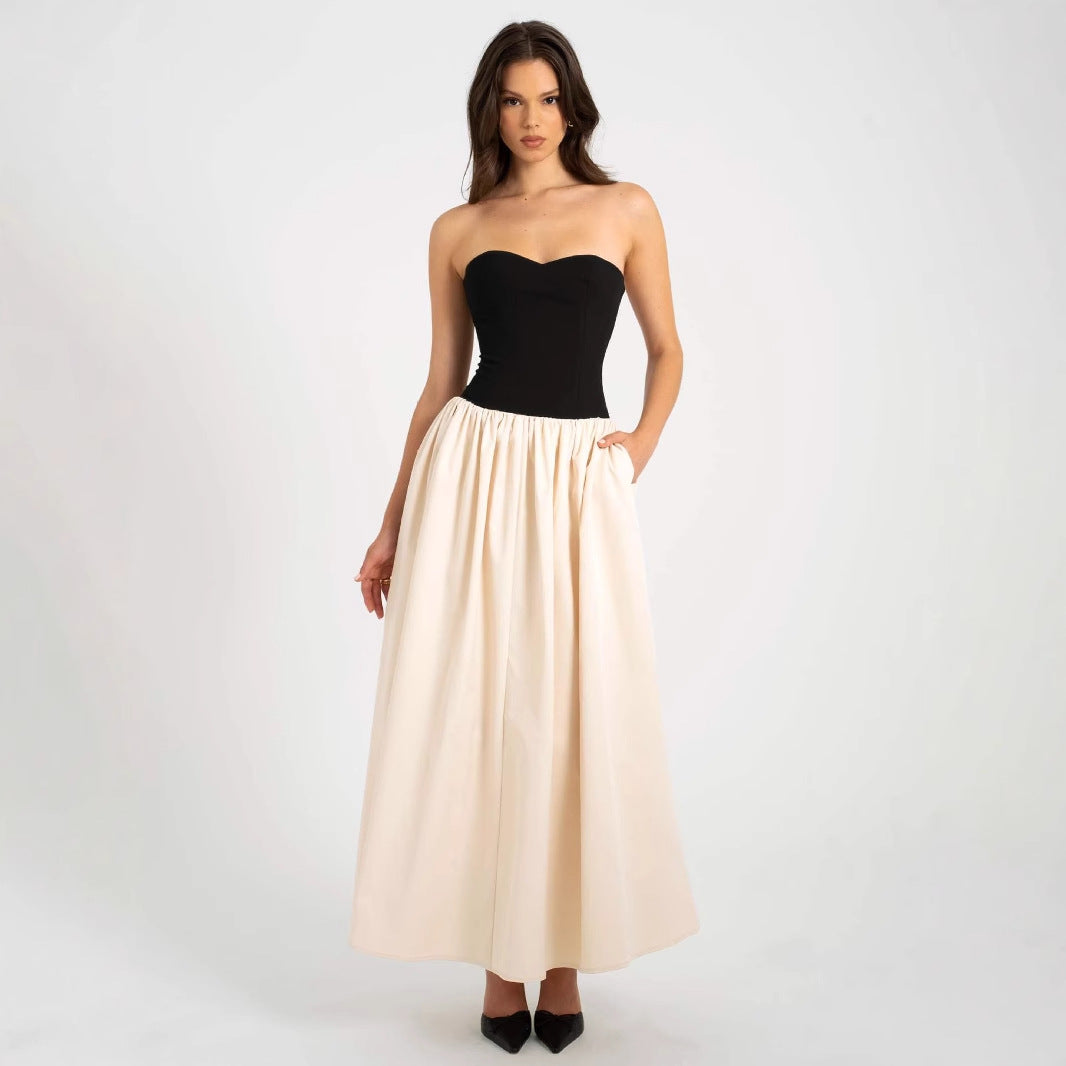 Summer Color Contrast Tube Top Sleeveless Dress Women Clothing