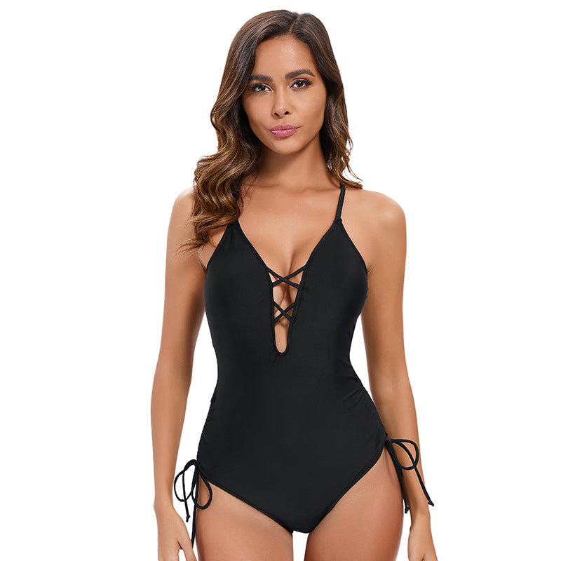 Solid Color Triangle One Piece Swimsuit Women Sexy Backless Hollow Out Cutout out Strap Swimsuit
