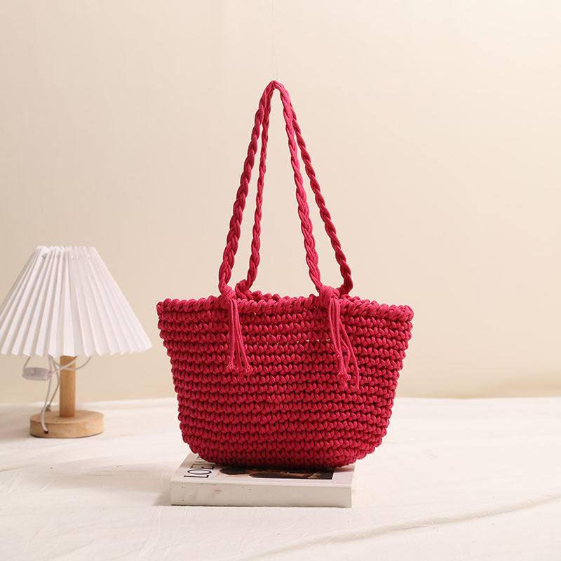 Tassel Shoulder Cotton Thread Woven Bag Solid Color Straw Bag Vacation Beach Bag Casual Women Bag