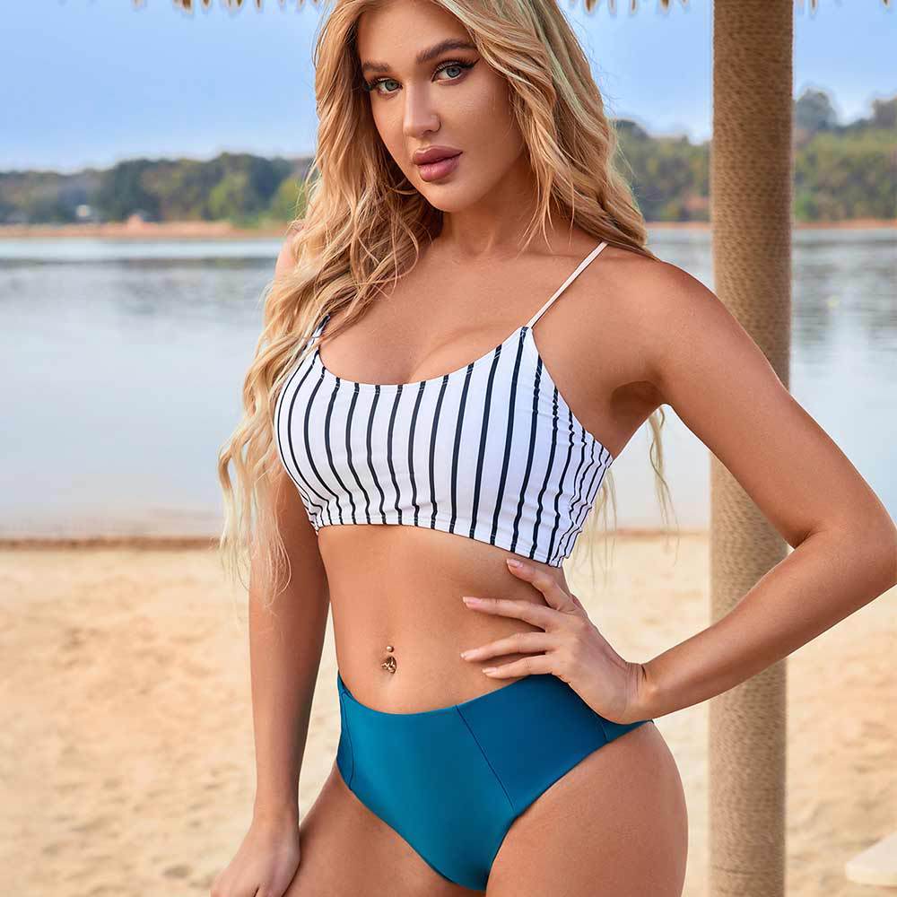 Swimwear Women High Waist Split Bikini Tight Swimsuit Striped Beach Vacation Bikini