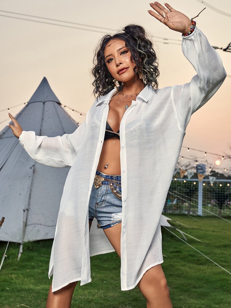 Cotton Long Sleeved Shirt Beach Cover up Vacation Sun Protection Shirt Bikini Swimsuit Outwear Cardigan