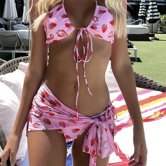Three Piece Mesh Fresh Girl Drawstring Strap Swimsuit Bikini