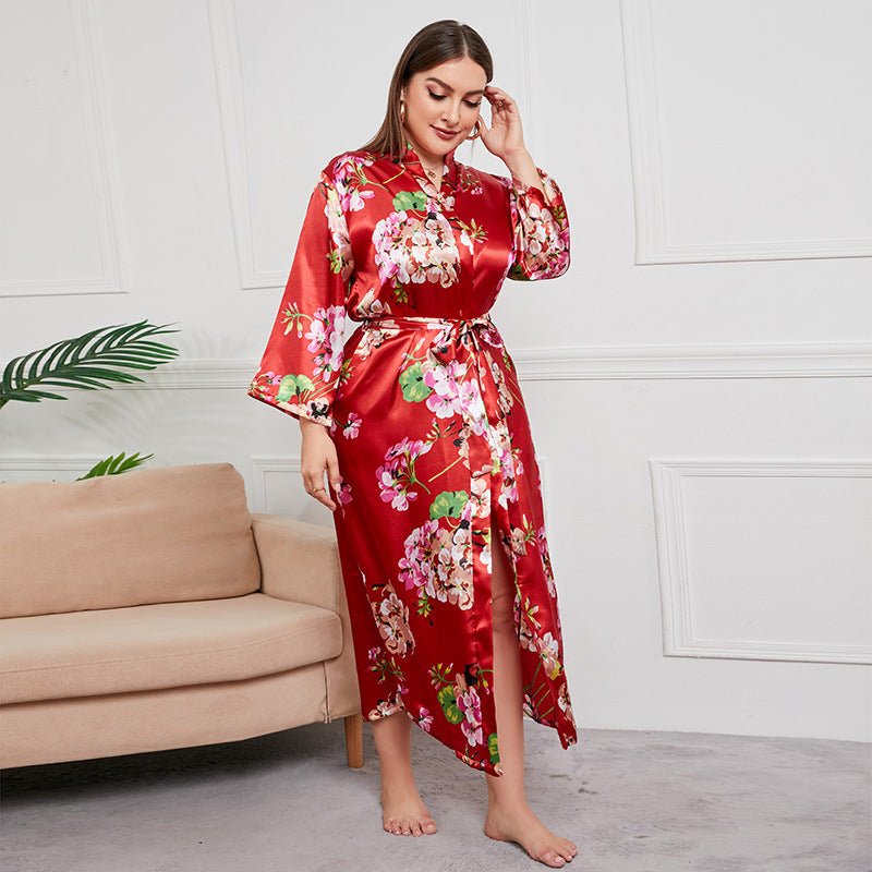 Plus Size Women Artificial Silk Satin Long Sleeved Pajamas Plump Girls Wearable Home
