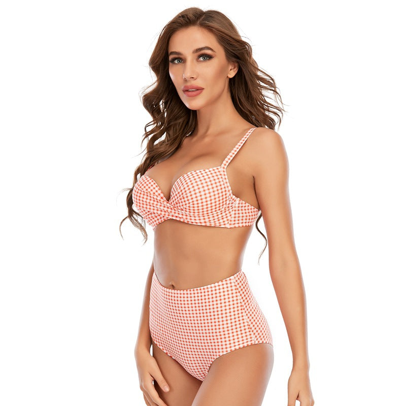 Women Bikini Multicolor Plaid Push Up Split Swimsuit Beach Vacation Swimsuit