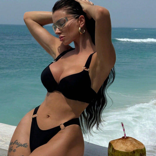 Solid Color Hard Bag Bikini Split Swimsuit