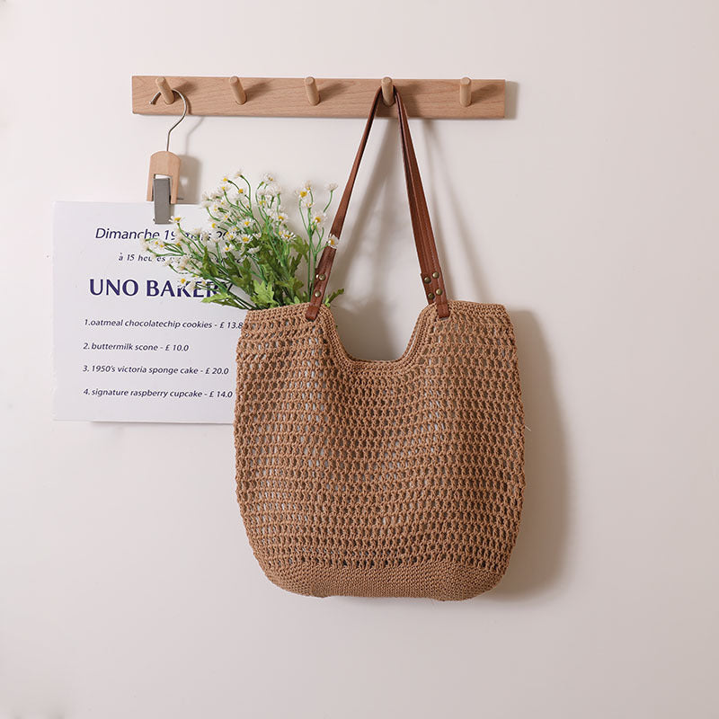 Casual Hollow Out Cutout Shoulder Cotton Thread Woven Bag Lazy Wind Portable Straw Weaved Bag Seaside Vacation Beach Bag Women Bag