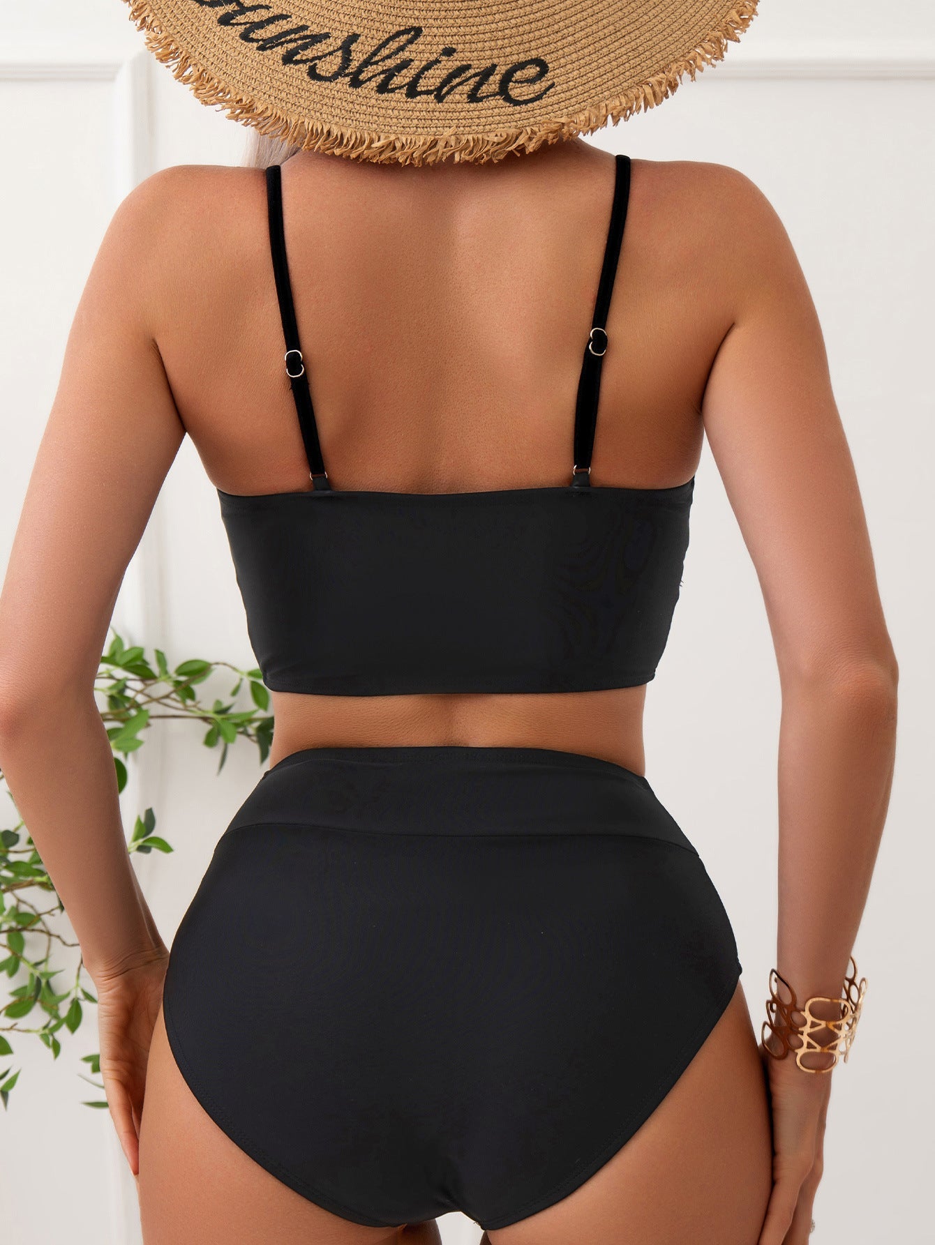 Bikini Solid Color Deep V Plunge Neck Backless Sexy Bikini Split Swimsuit Swimwear