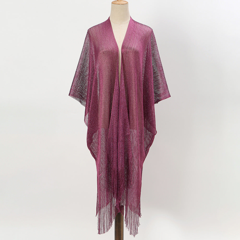 Beach Solid Color Sun Proof Tassel Knitting Beach Cover Up Sweater Shawl Cardigan