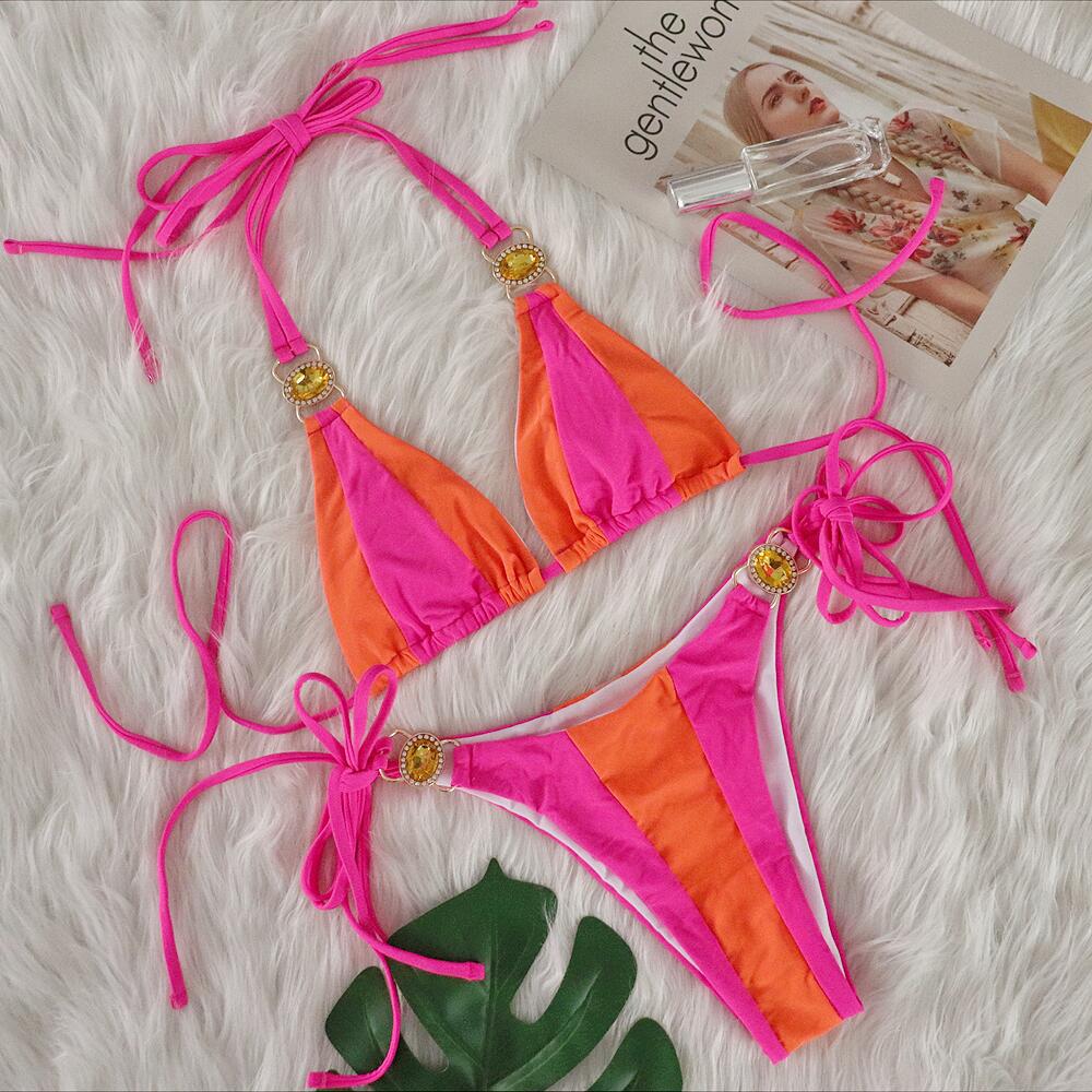 Sexy Crystal Diamond Bikini Solid Color Patchwork Bandage Swimsuit Vacation Split Women Swimsuit
