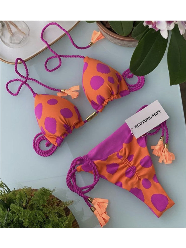 Bikini Soft Bag Low Waist Braid Rope Printed Women Seperated Swimwear Multi Color Swimsuit