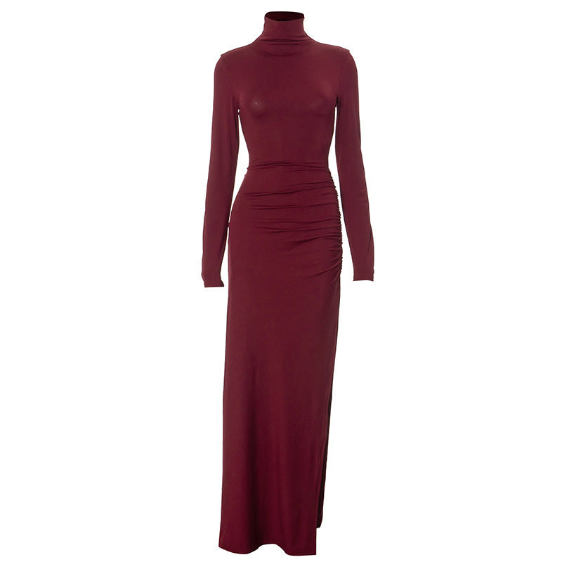 Autumn Solid Color Half High Collar Long Sleeves Slit Slim Fit Sexy Long Women Dress