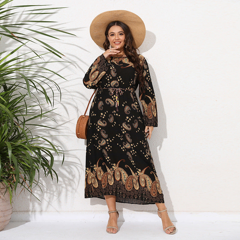 Plus Size Ethnic Loose Maxi Dress Cashew Printed Long Sleeve Dress