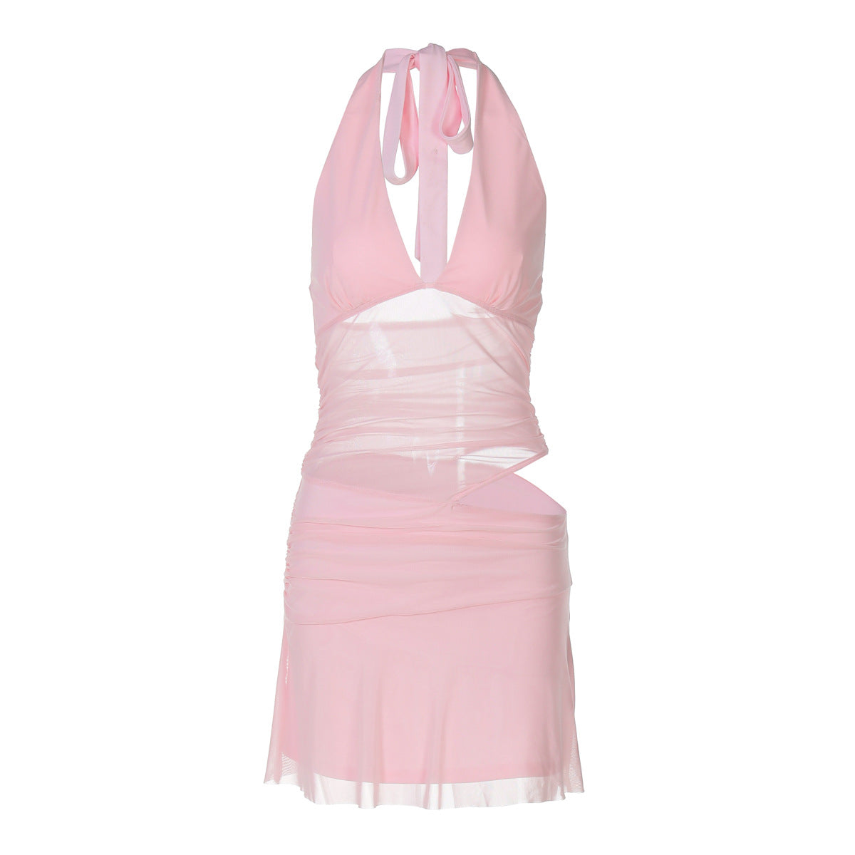 Women Clothing Sexy Deep V Plunge Stitching Mesh Hollow Out Cutout Hip Wrapped Short Halter Dress