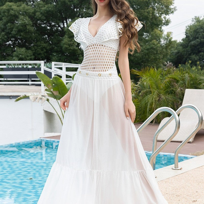 White Hollow Out Cutout out Mesh Ruffled High Grade One Piece Swimsuit Women