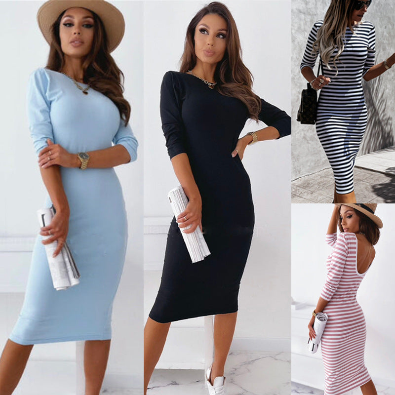 Office Sexy Backless Hip Knitwear Long Sleeve Knee-Length Dress