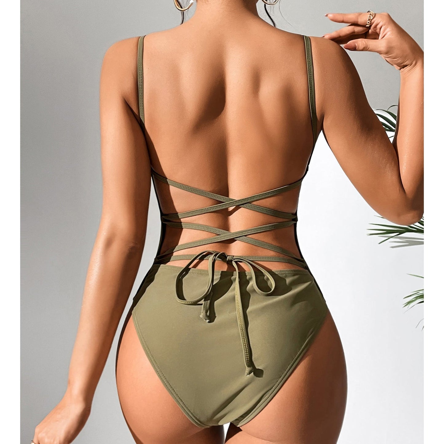 Swimsuit Solid Color Sexy Backless Lace Up One Piece Swimsuit Women