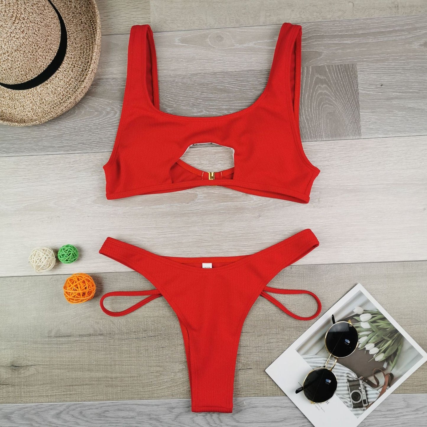 Solid Color Split Hollow Out Cutout Snake Fabric Swimsuit Women Sexy Halter Bikini