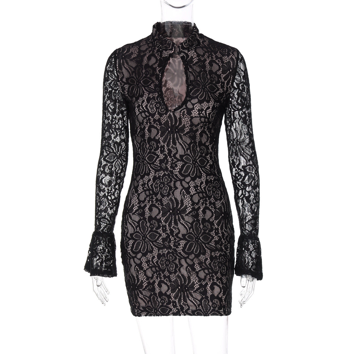 Women Clothing Winter Sexy Lace Cutout Package Hip Flare Sleeve Dress