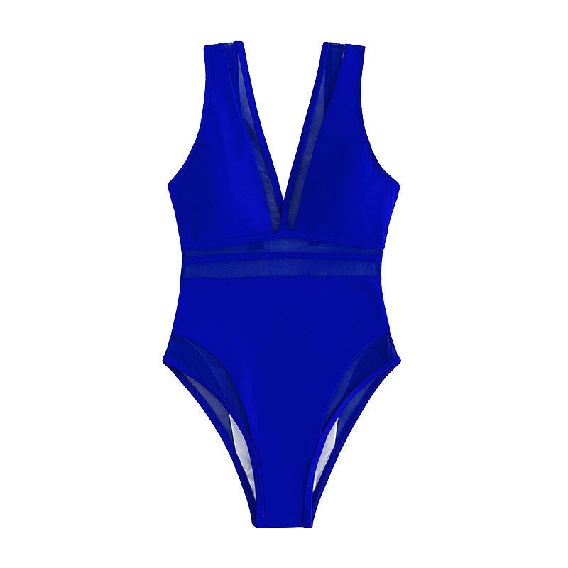 Solid Color Spun Yarn One Piece Swimsuit Women Deep V Plunge Sexy Spring Swimwear