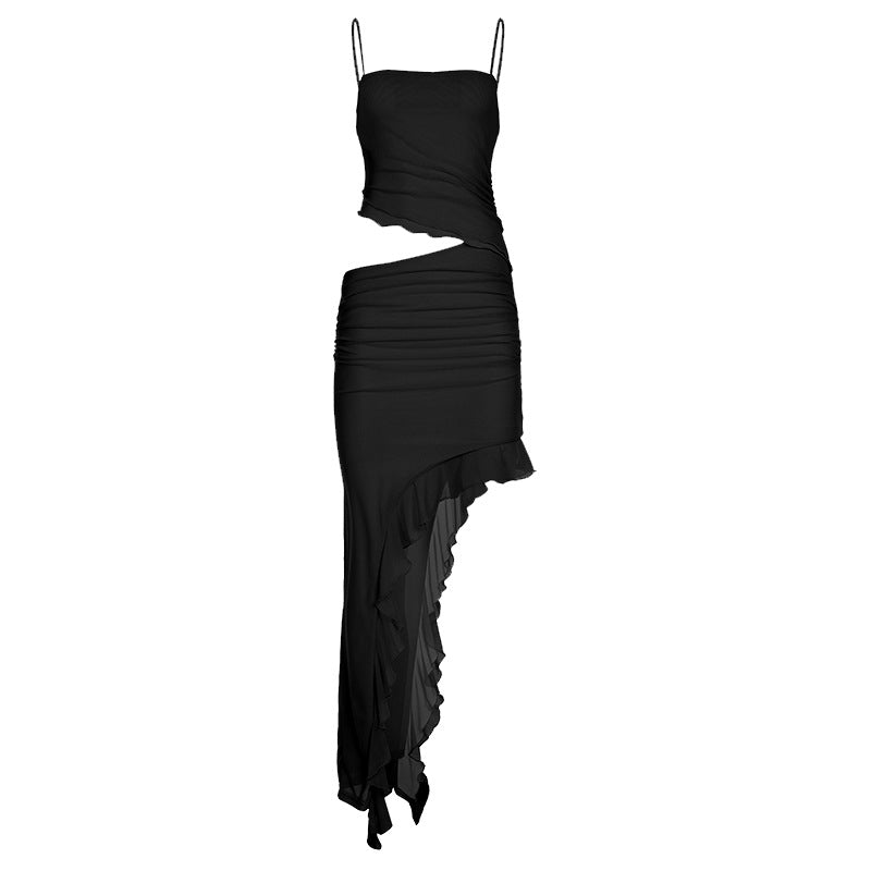 Vacation Women Clothing Cropped Outfit Ruffled Mesh Dress Irregular Asymmetric Solid Color Elegant Graceful Halter