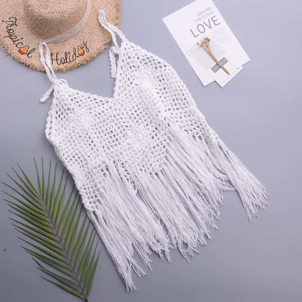Vacation Beach Tassel Pure Hand Crocheting Woven Split Swimsuit V-neck Lace up Top Women Crochet