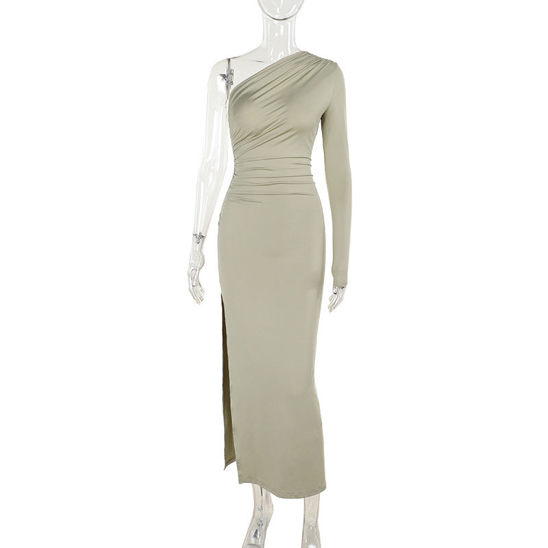 Autumn Elegant Sexy Slim Shoulder Pleated Single Layer Sleeves Dress Women