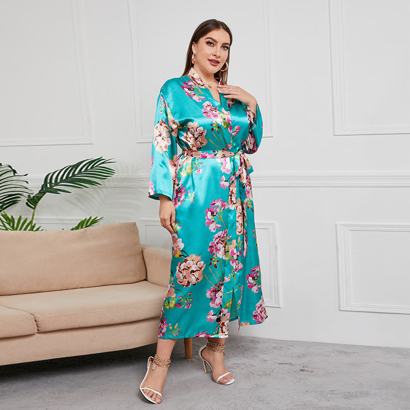 Plus Size Women Artificial Silk Satin Long Sleeved Pajamas Plump Girls Wearable Home