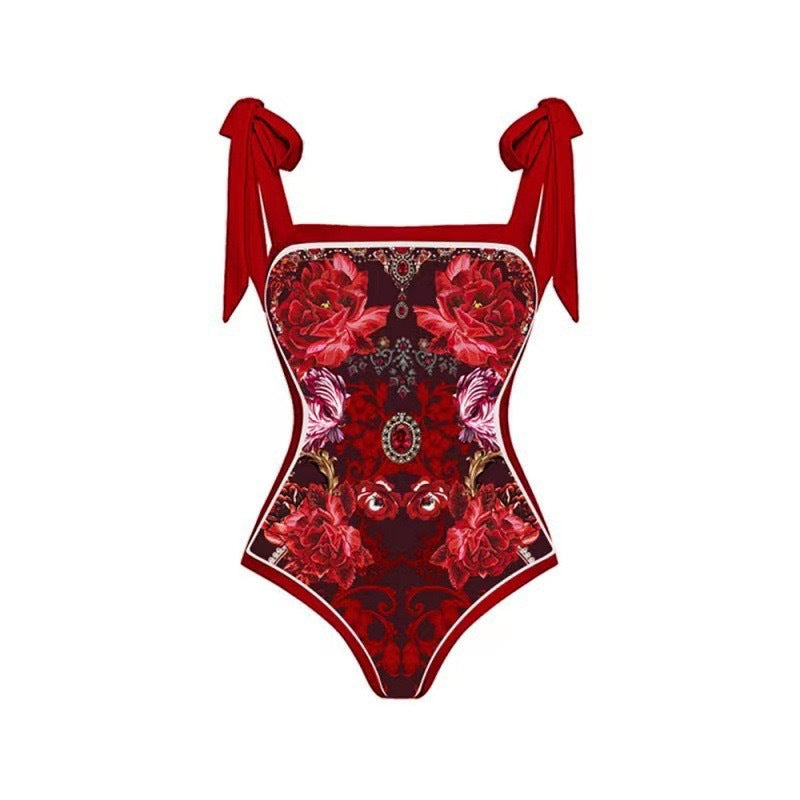 Conservative Sunscreen Swimsuit Women Vintage Printed Gauze Skirt Bikini