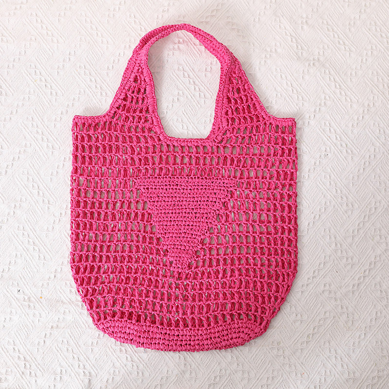 Large Capacity Hollow Out Cutout Straw Bag Fresh Candy Color One Shoulder Tote Woven Bag Portable Women Beach Bag
