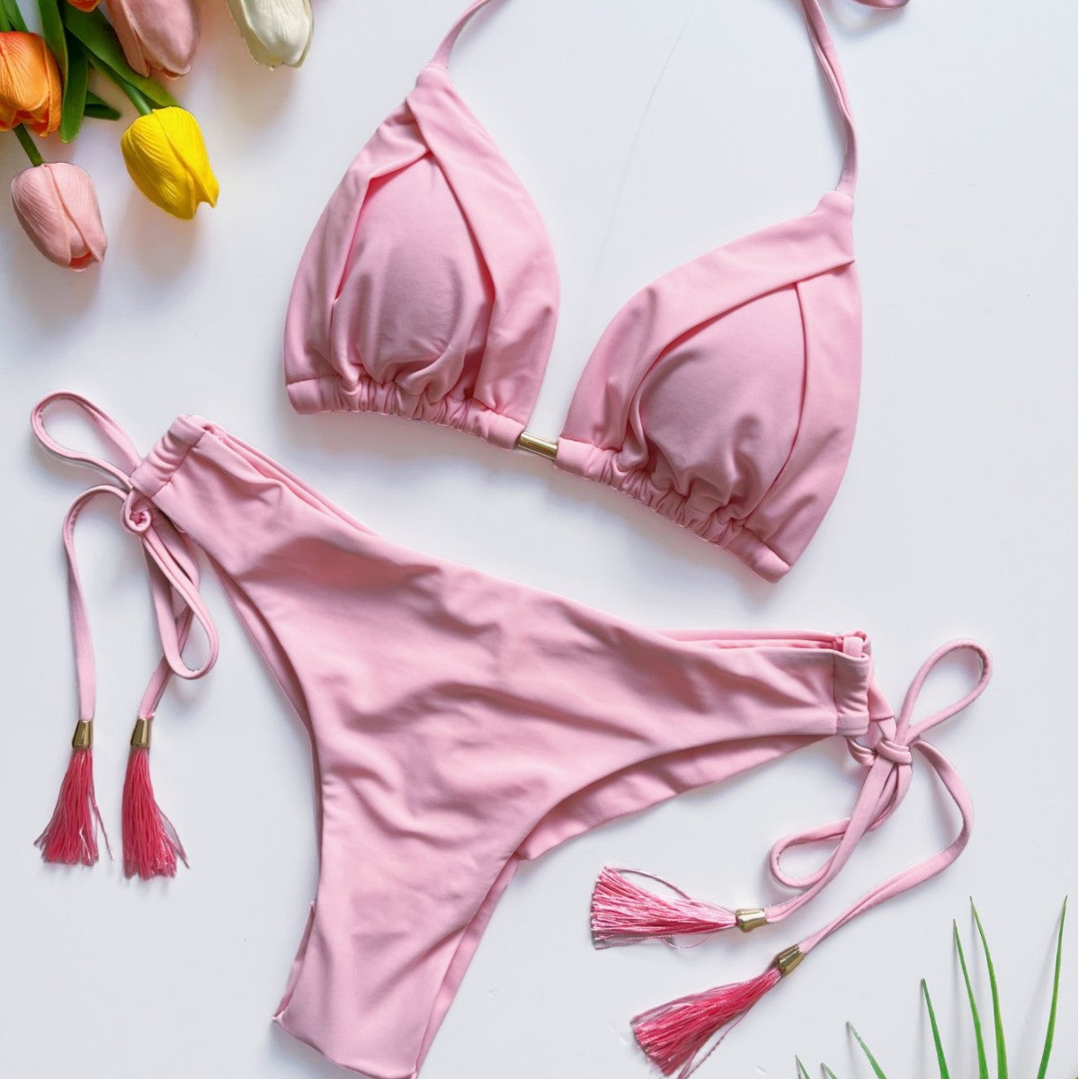 Tassel Solid Color Bikini Swimsuit Set Beach Sexy Women Swimsuit