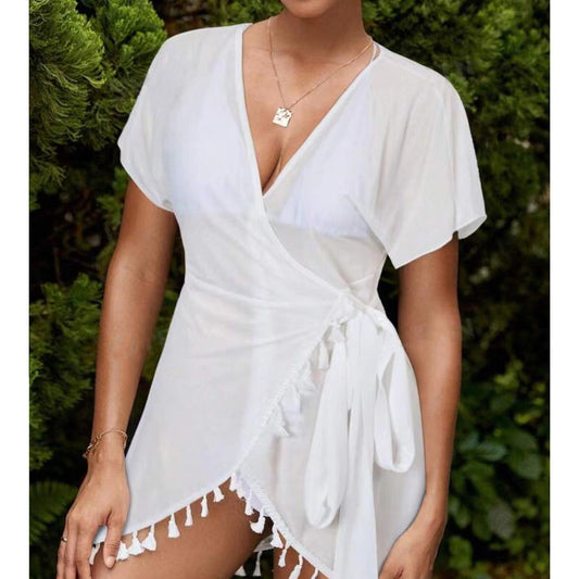 Beach Sun Protection Clothing Three Piece Sets Tassel Chiffon Shawl Swimsuit Swimwear Women