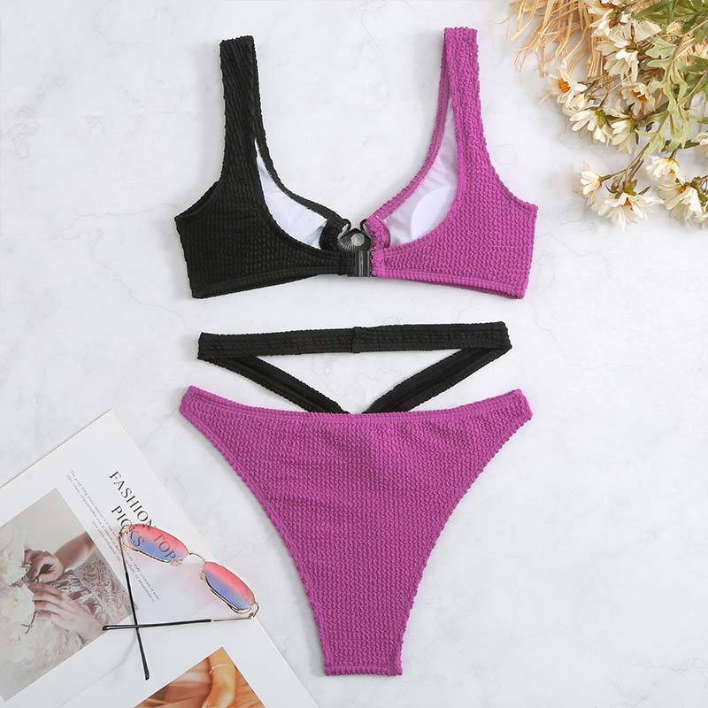 Contrast Color Bikini Swimsuit Women Wave Pattern Split Swimsuit