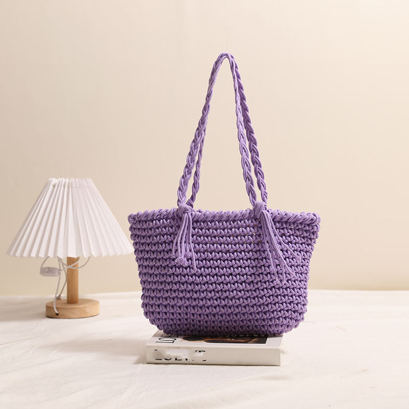Tassel Shoulder Cotton Thread Woven Bag Solid Color Straw Bag Vacation Beach Bag Casual Women Bag